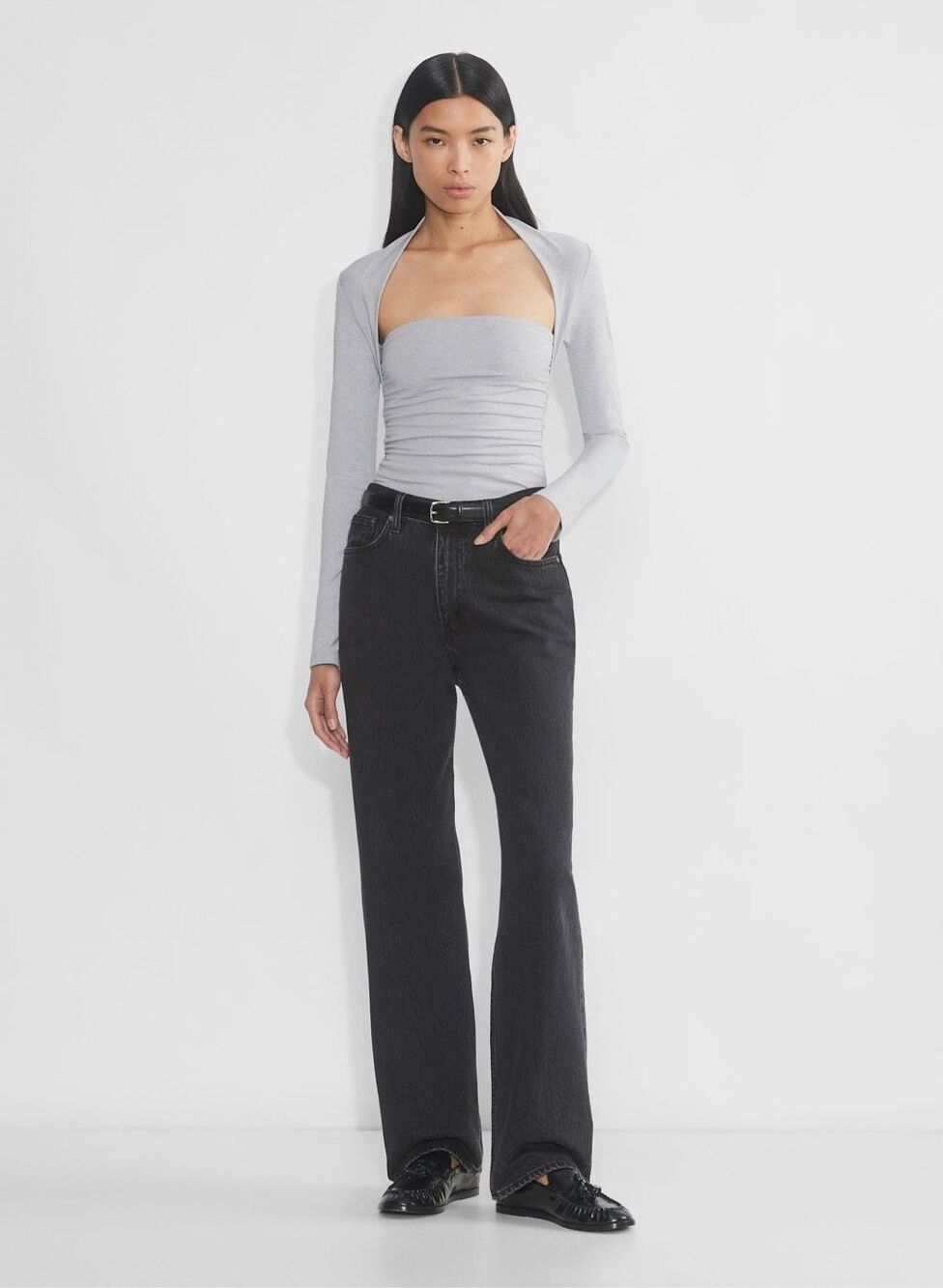 Aritzia Contour Flourish Ruched Long Sleeve square neck Top Gray XS NEW